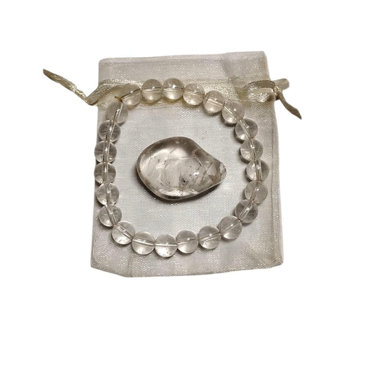 Clear Quartz Crystal Healing Bracelet & Tumbled Stone Set  Energy Amplifier + Clarity Boost