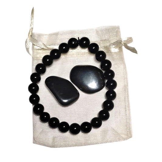 Black Onyx Protection Bracelet with Two Hematite Tumbled Stones – Grounding & Shielding Crystal Set
