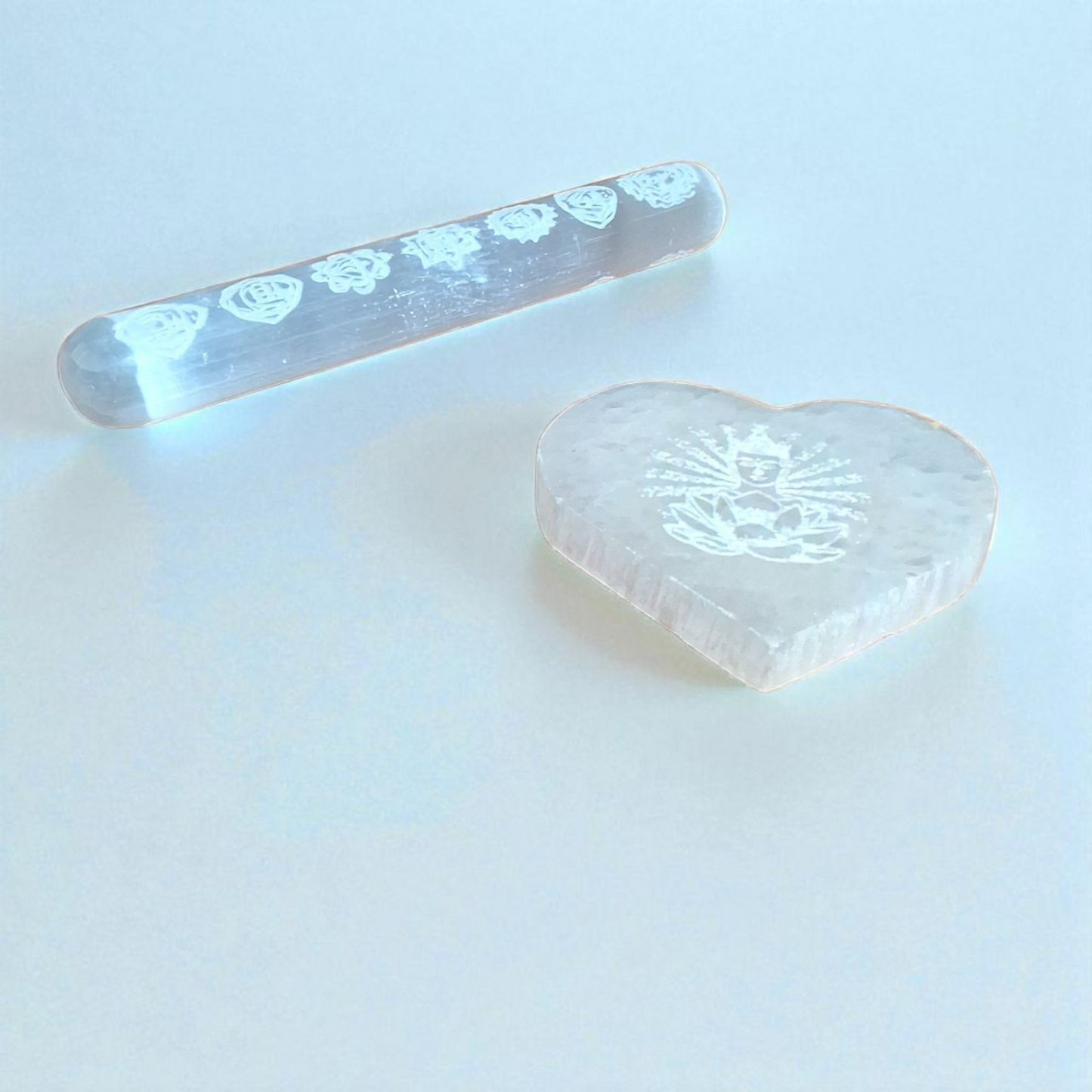 Selenite Engraved Chakra Wand (5") & Engraved Heart (3") – Crystal Energy Healing Set