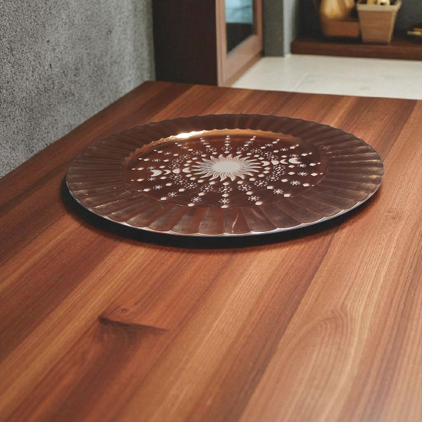 Engraved Copper Plate – 12" Decorative Tray with Sun & Moon Phase Mandala Design