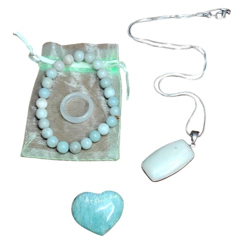 Amazonite Crystal Jewelry Healing Set Pendant Necklace, Bracelet, Heart Stone & Ring with Gift Bag