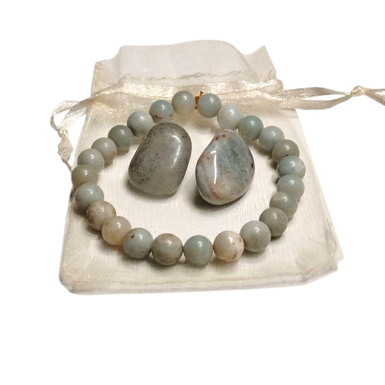 Amazonite Healing Bracelet with 2 Green Aventurine Tumbled Stones – Calming Energy, Luck & Heart Chakra Balance