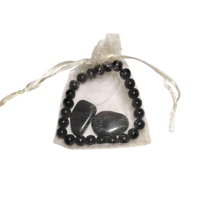 Black Onyx Protection Bracelet with Two Hematite Tumbled Stones – Grounding & Shielding Crystal Set