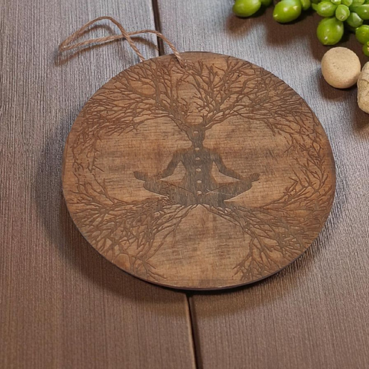 Engraved Wooden Wall Hanging – 6" Tree of Life Meditating Figure Design | Spiritual Home & Altar Décor