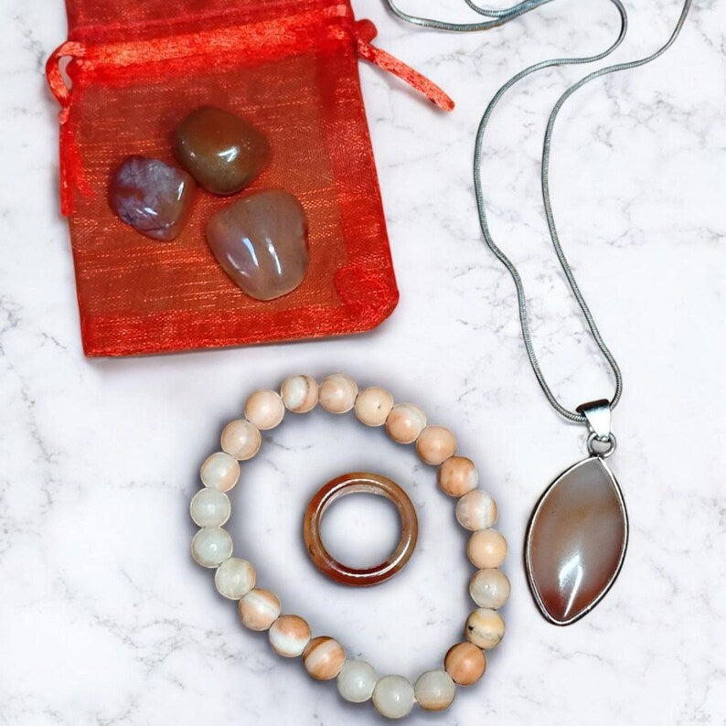 Carnelian Crystal Healing Set – Pendant Necklace, Bracelet, Ring & Tumbled Stones with Gift Bag