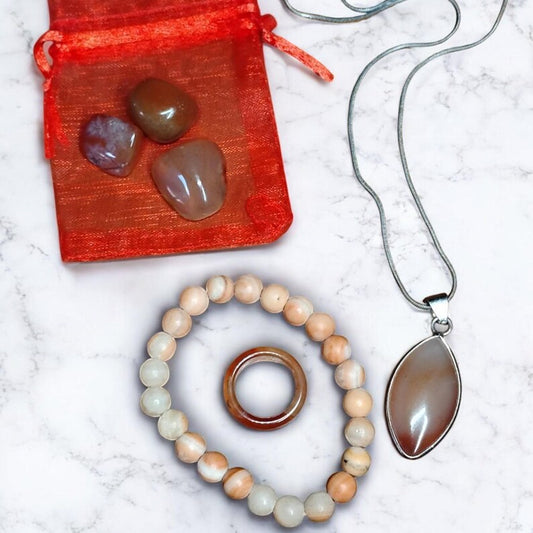Carnelian Crystal Healing Set – Pendant Necklace, Bracelet, Ring & Tumbled Stones with Gift Bag