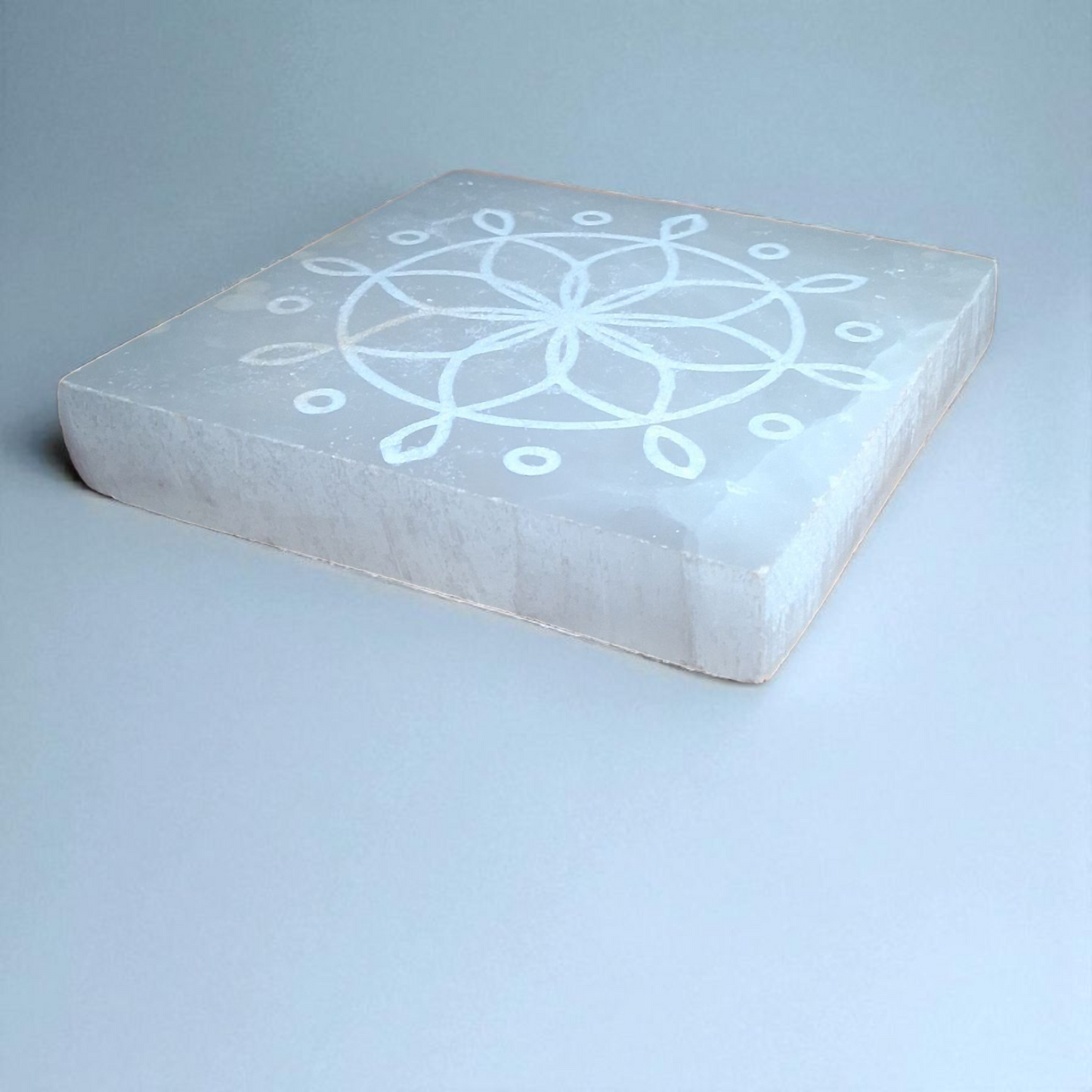 Selenite Engraved Charging Plate – 4.5" x 4.5" x 0.5" Crystal Grid Energy Cleansing Slab