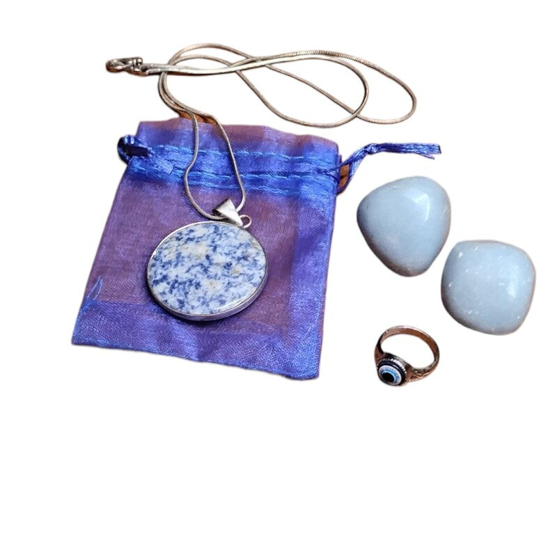 Sodalite Pendant Necklace with Angelite Stones & Evil Eye Protection Ring Set