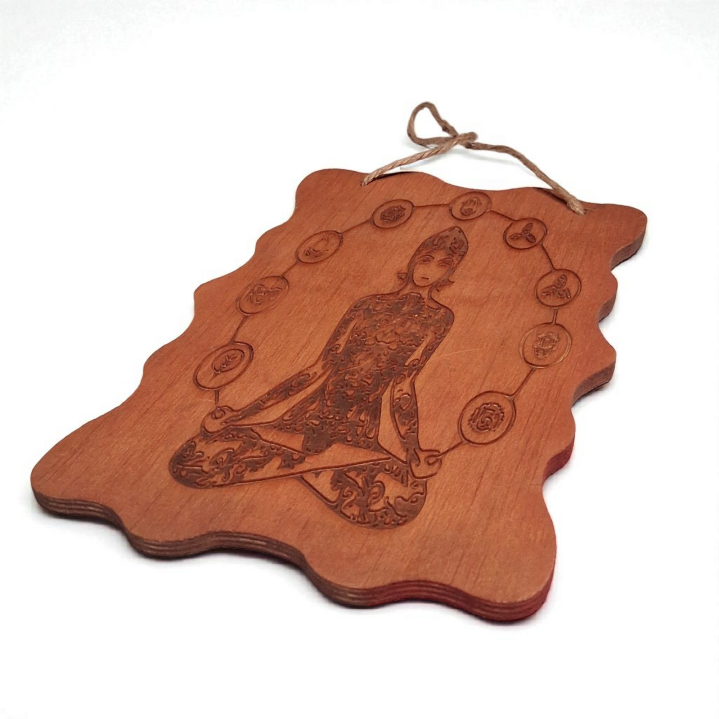 Engraved Wooden Chakra Wall Hanging – 5" x 8" Meditating Figure with Seven Chakra Symbols | Spiritual Home & Altar Décor