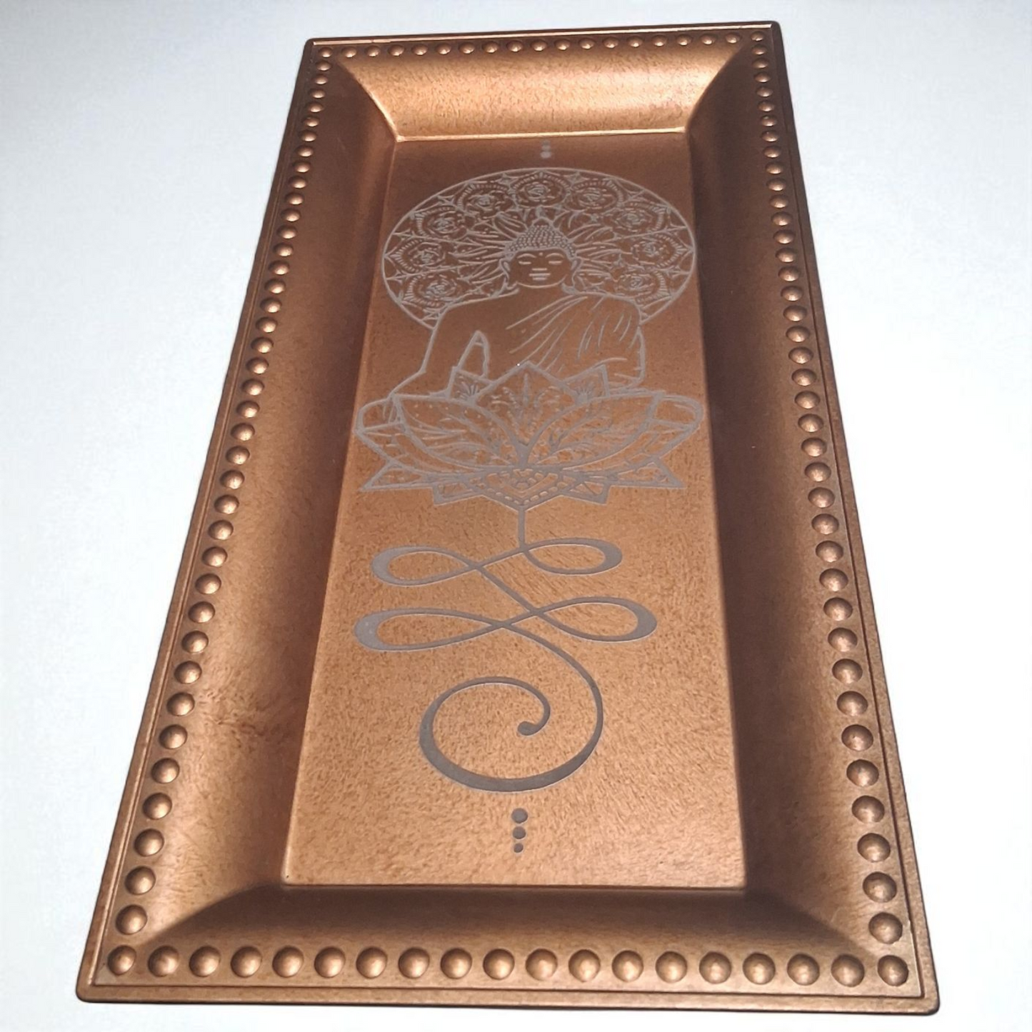 Engraved Buddha Lotus Copper-Tone Tray – 7" x 14" Decorative Spiritual Altar & Home Décor