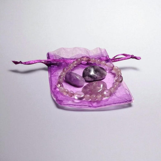 Amethyst Bracelet with 3 Amethyst Tumbled Stones – Calming & Spiritual Healing Crystal Set