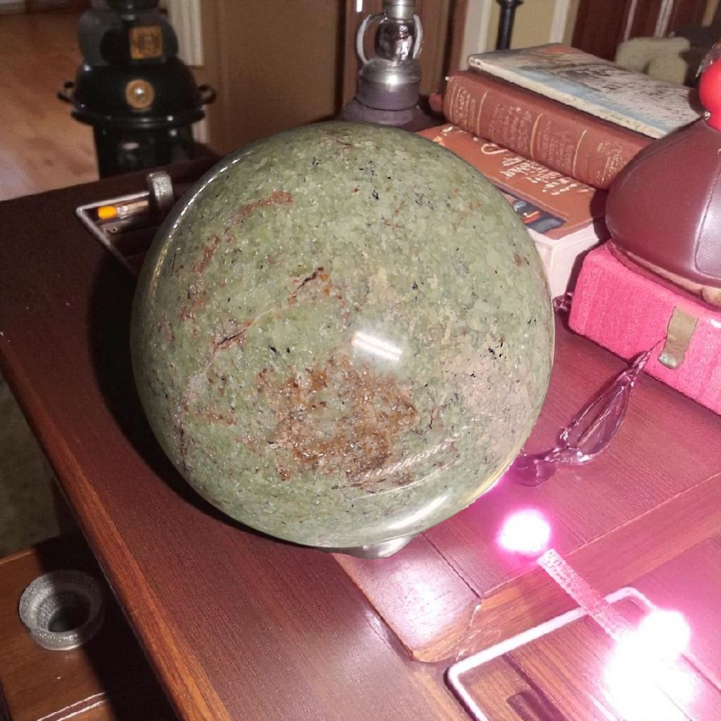 Chrysoprase Crystal Sphere – 80mm Polished Gemstone Ball with Wooden Stand