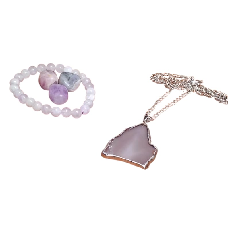 Amethyst Crystal Healing Set with Agate Pendant Necklace, Bracelet & Tumbled Stones