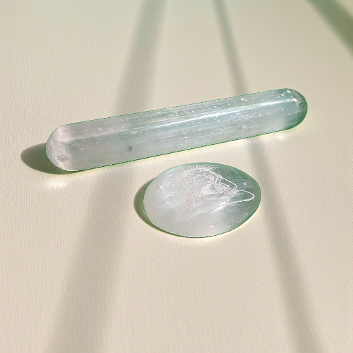 Selenite Wand & Engraved Palm Stone – Crystal Energy Cleansing & Meditation Set