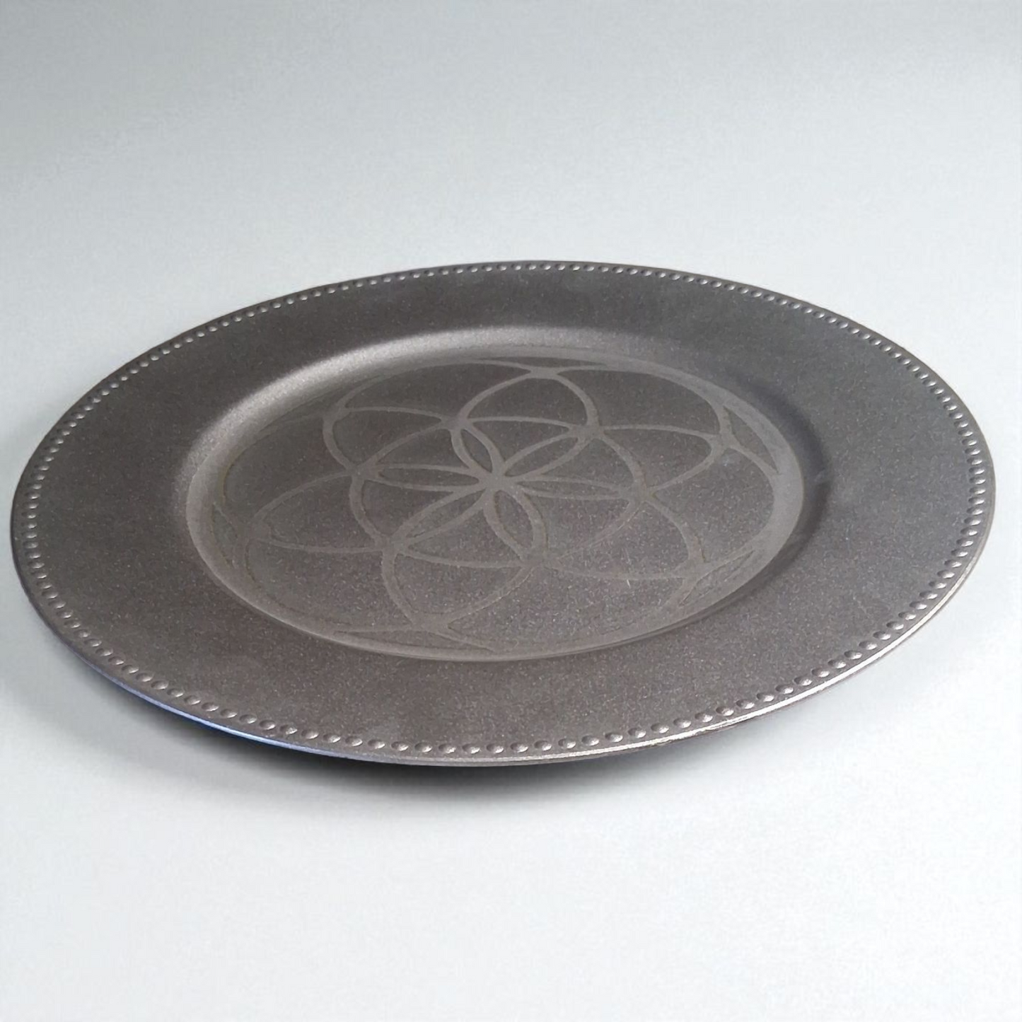 Engraved Silver Plate – 12" Decorative Tray with Flower of Life Sacred Geometry Design