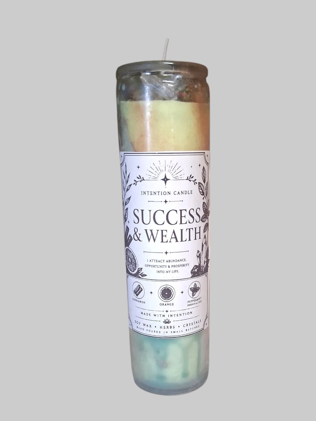 Success & Wealth Intention Candle | Cinnamon, Orange & Peppermint Essential Oil | Crystal & Herb Infused Spiritual Candle