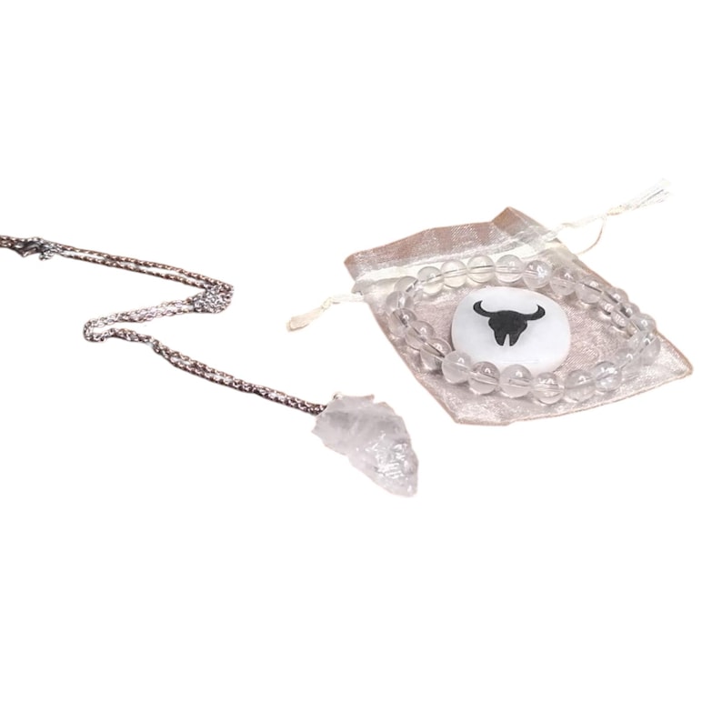 Clear Quartz Arrowhead Pendant Necklace, Bracelet & Totem Stone Set with Gift Bag