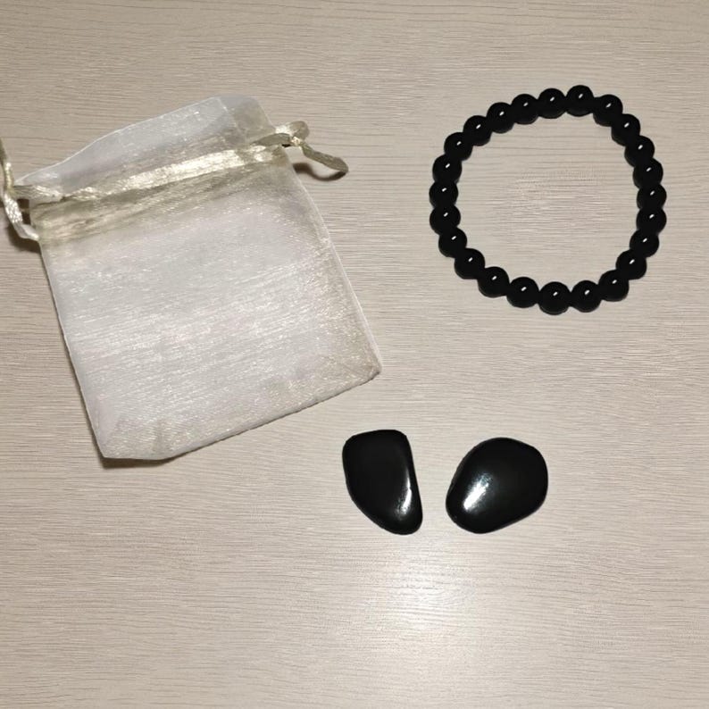 Black Onyx Protection Bracelet with Two Hematite Tumbled Stones – Grounding & Shielding Crystal Set