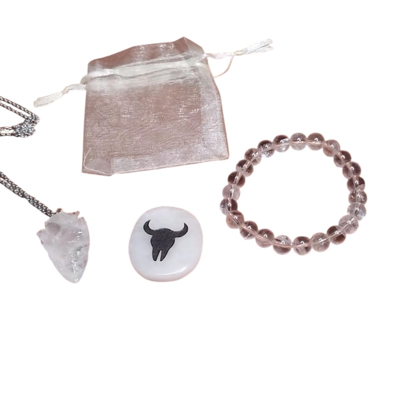 Clear Quartz Arrowhead Pendant Necklace, Bracelet & Totem Stone Set with Gift Bag