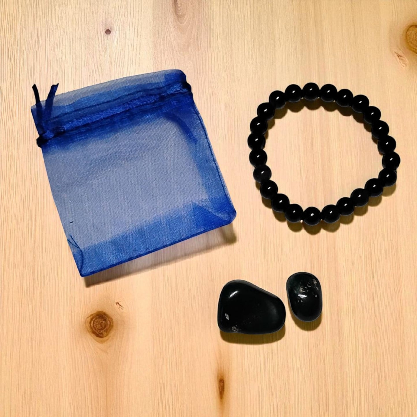 Black Agate Bead Bracelet with Bloodstone Tumbled Stones – Protection & Grounding Crystal Set
