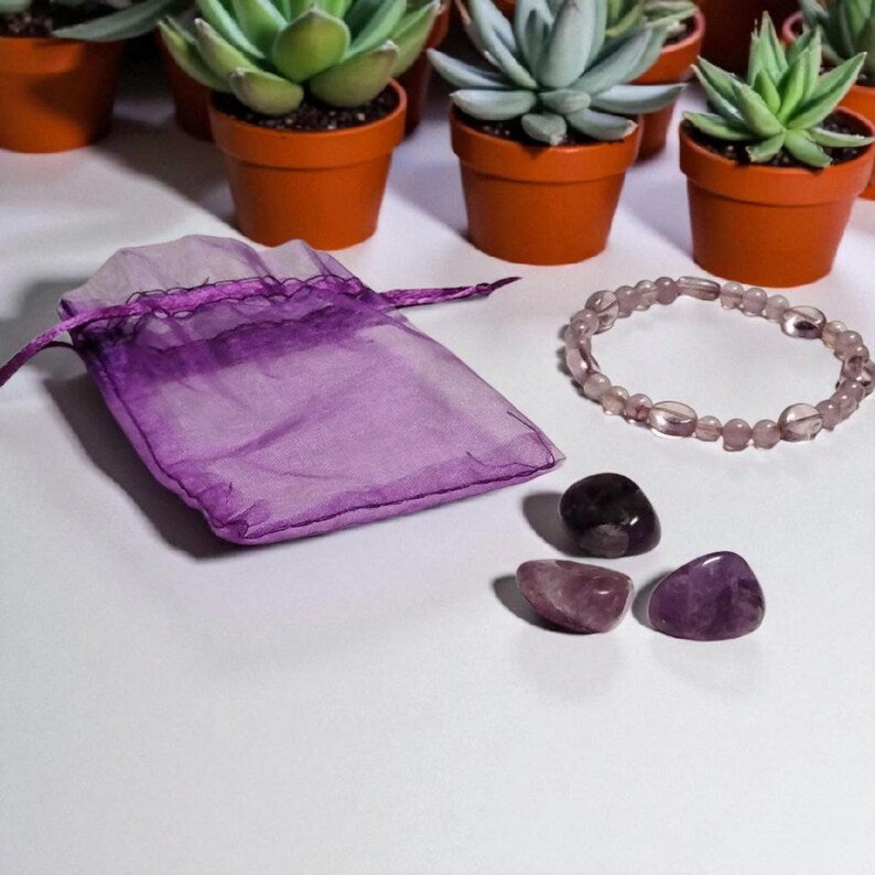 Amethyst Bracelet with 3 Amethyst Tumbled Stones – Calming & Spiritual Healing Crystal Set