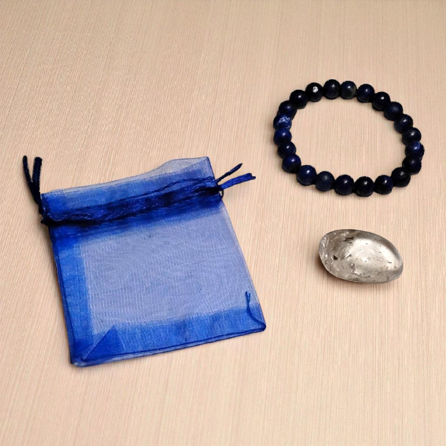 Lapis Lazuli Bead Bracelet with Clear Quartz Tumbled Stone – Healing & Clarity Crystal Set