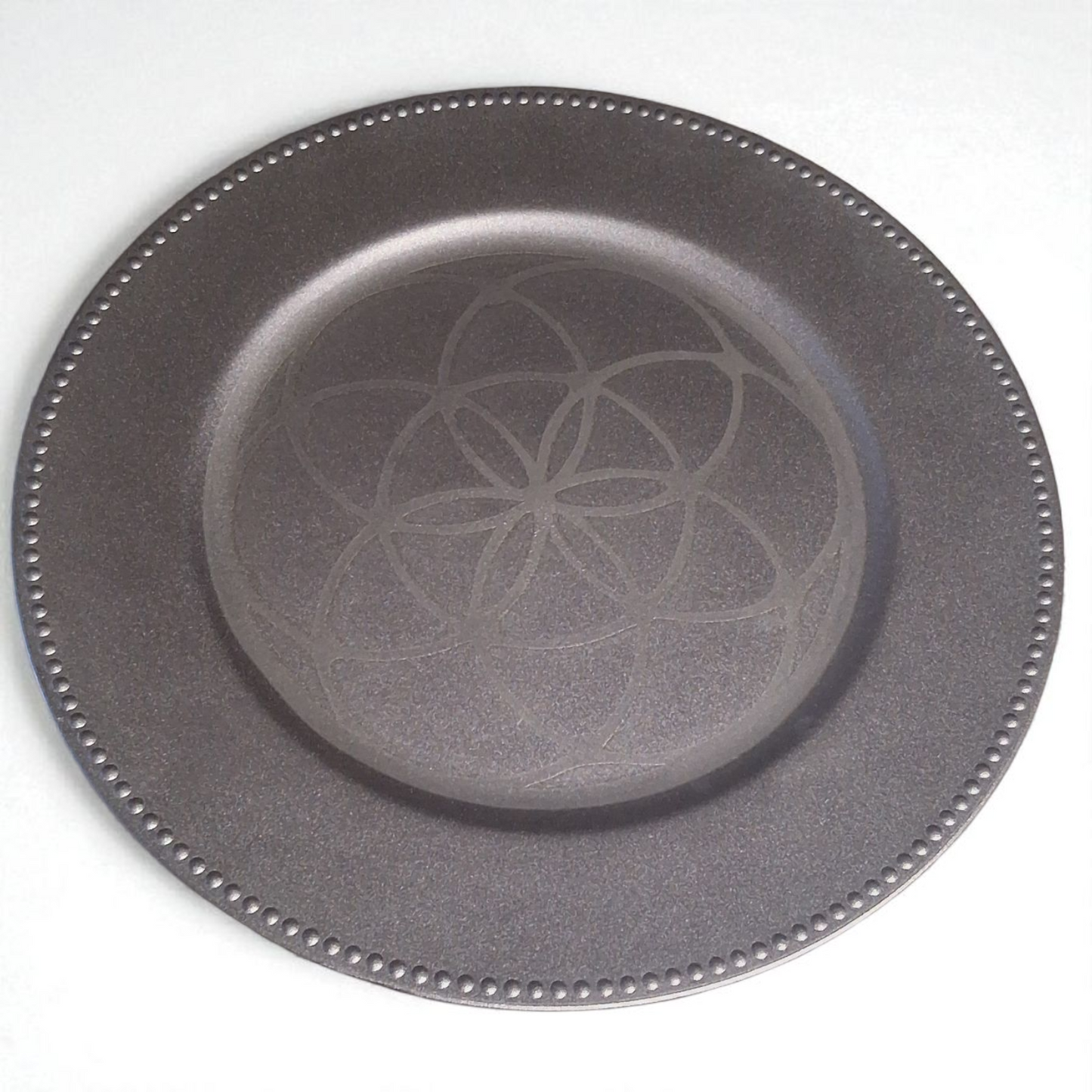 Engraved Silver Plate – 12" Decorative Tray with Flower of Life Sacred Geometry Design