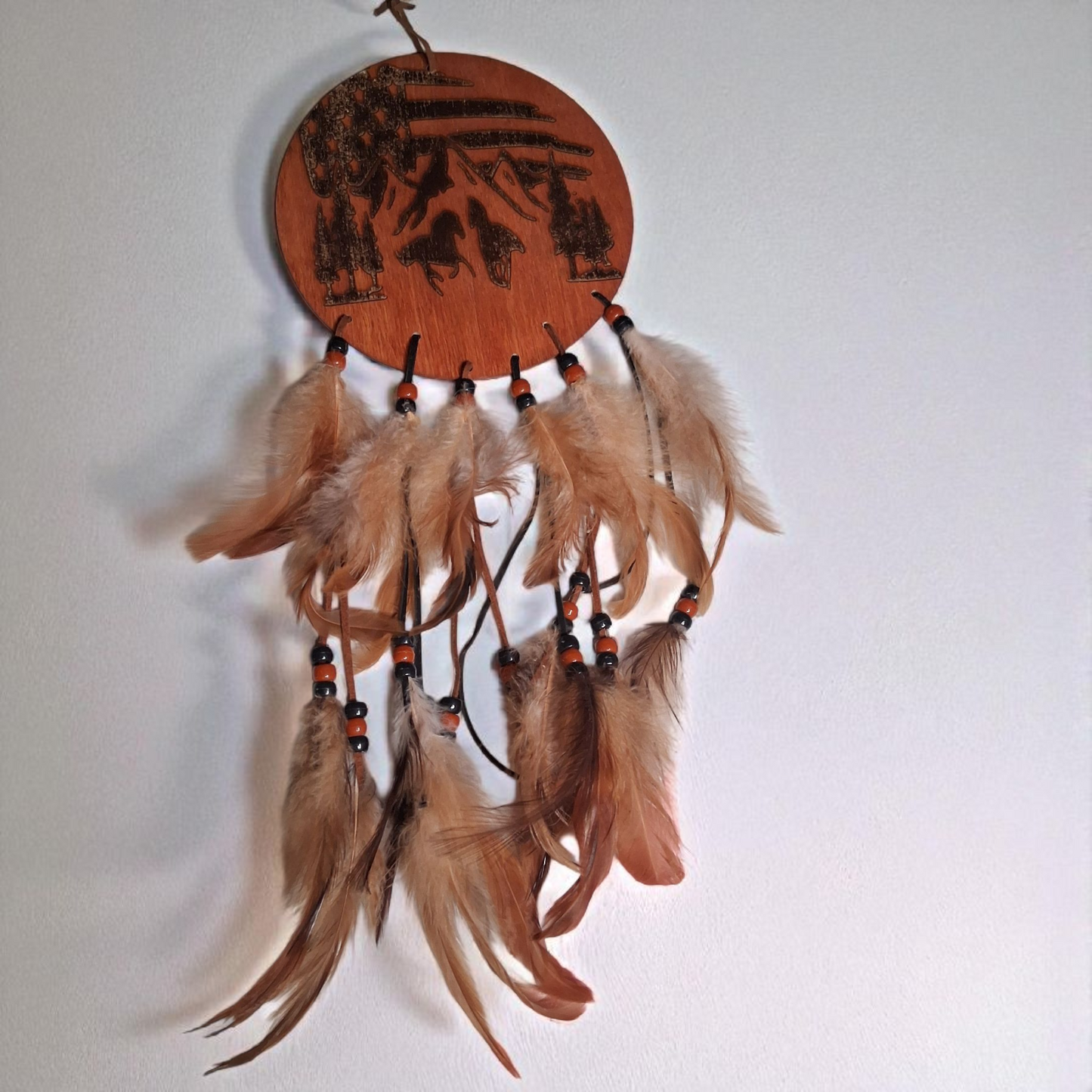 Engraved Wooden Dream Catcher Wall Hanging – 6x14 Rustic Feather Decor with Western Landscape Design