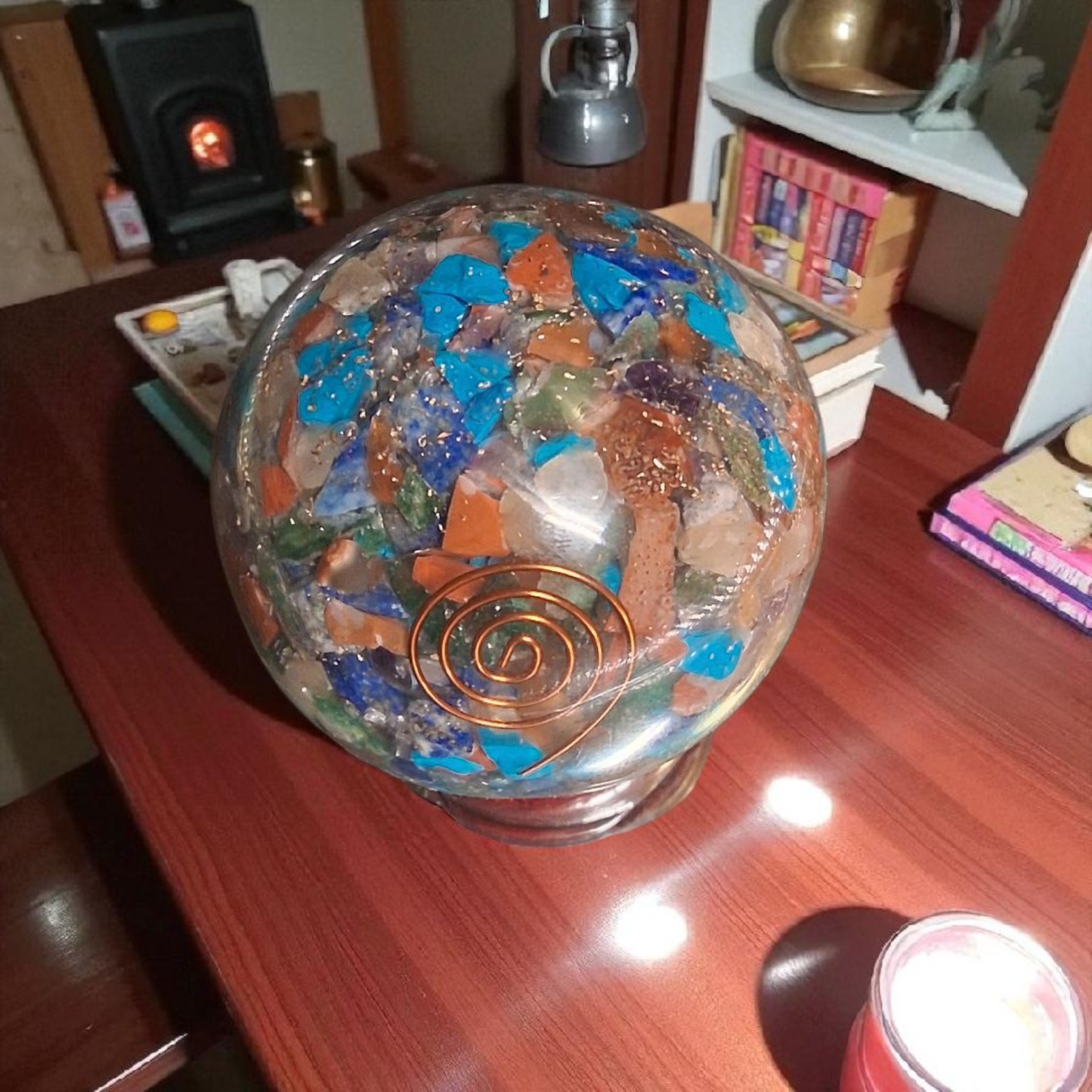 Orgone Multi-Chakra Healing Sphere – 70mm Crystal Ball with Copper Coil & Wooden Stand
