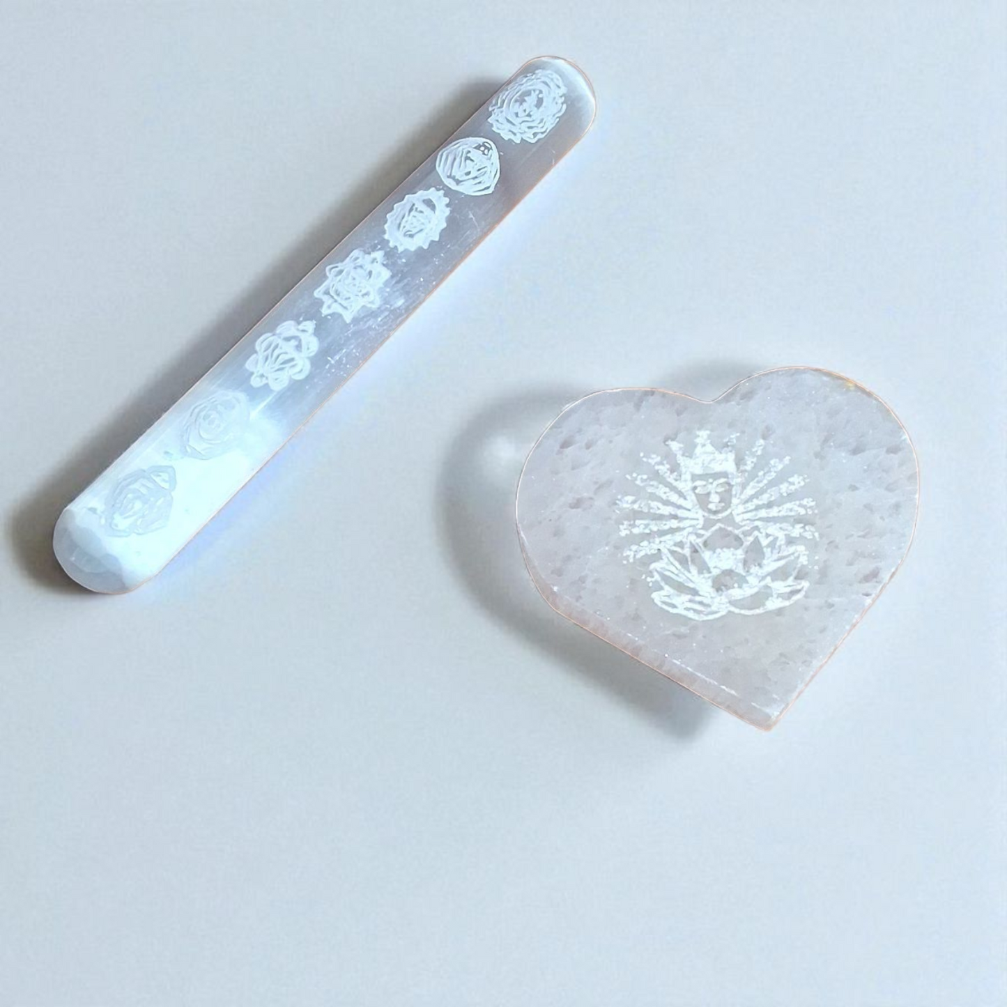 Selenite Engraved Chakra Wand (5") & Engraved Heart (3") – Crystal Energy Healing Set