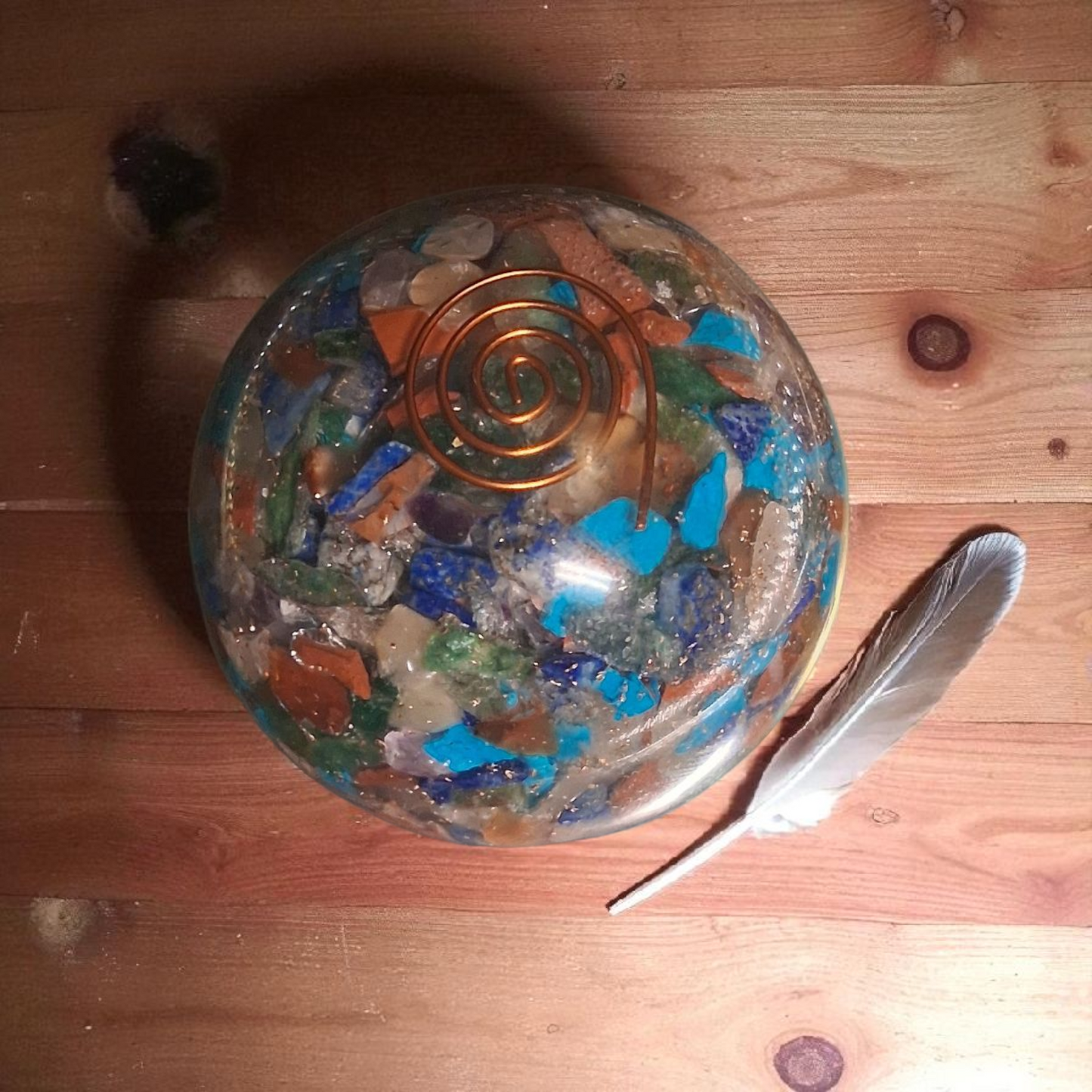 Orgone Multi-Chakra Healing Sphere – 70mm Crystal Ball with Copper Coil & Wooden Stand