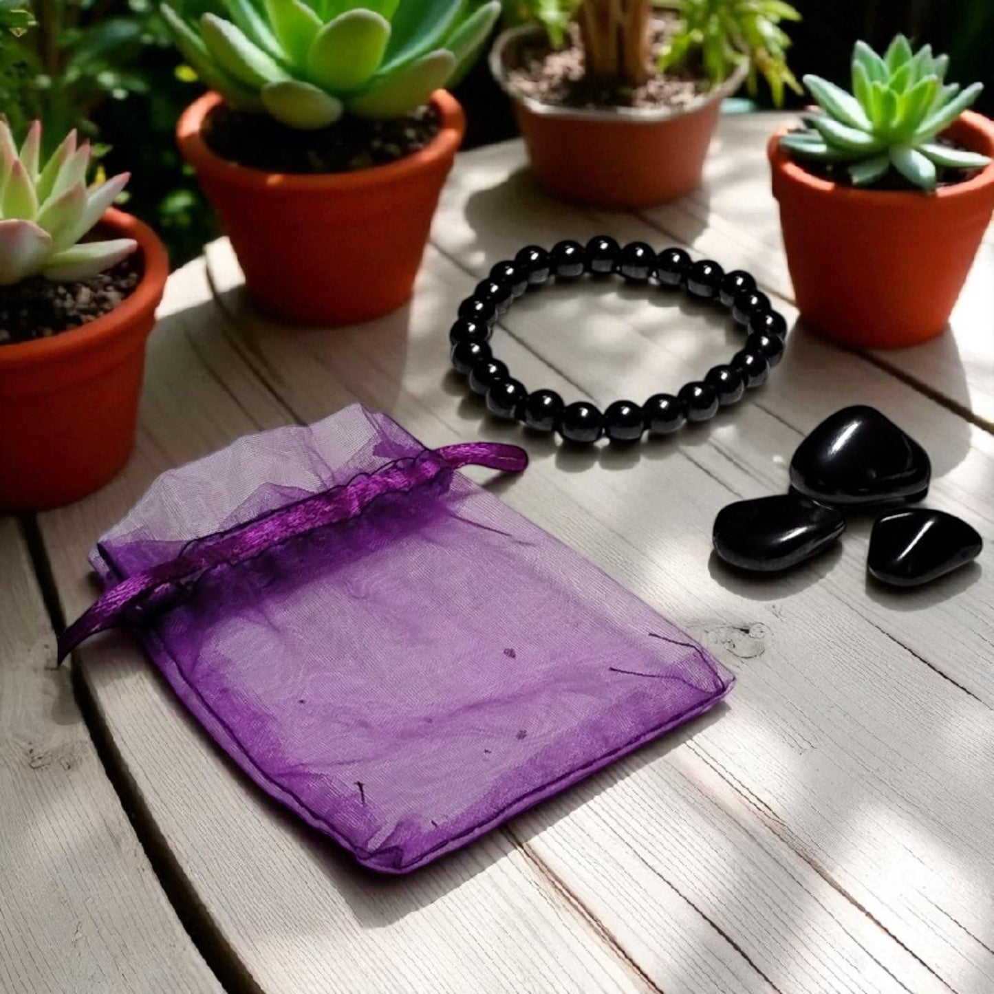 Hematite Bracelet & Tumbled Stone Set – Grounding, Protection & Balance Kit