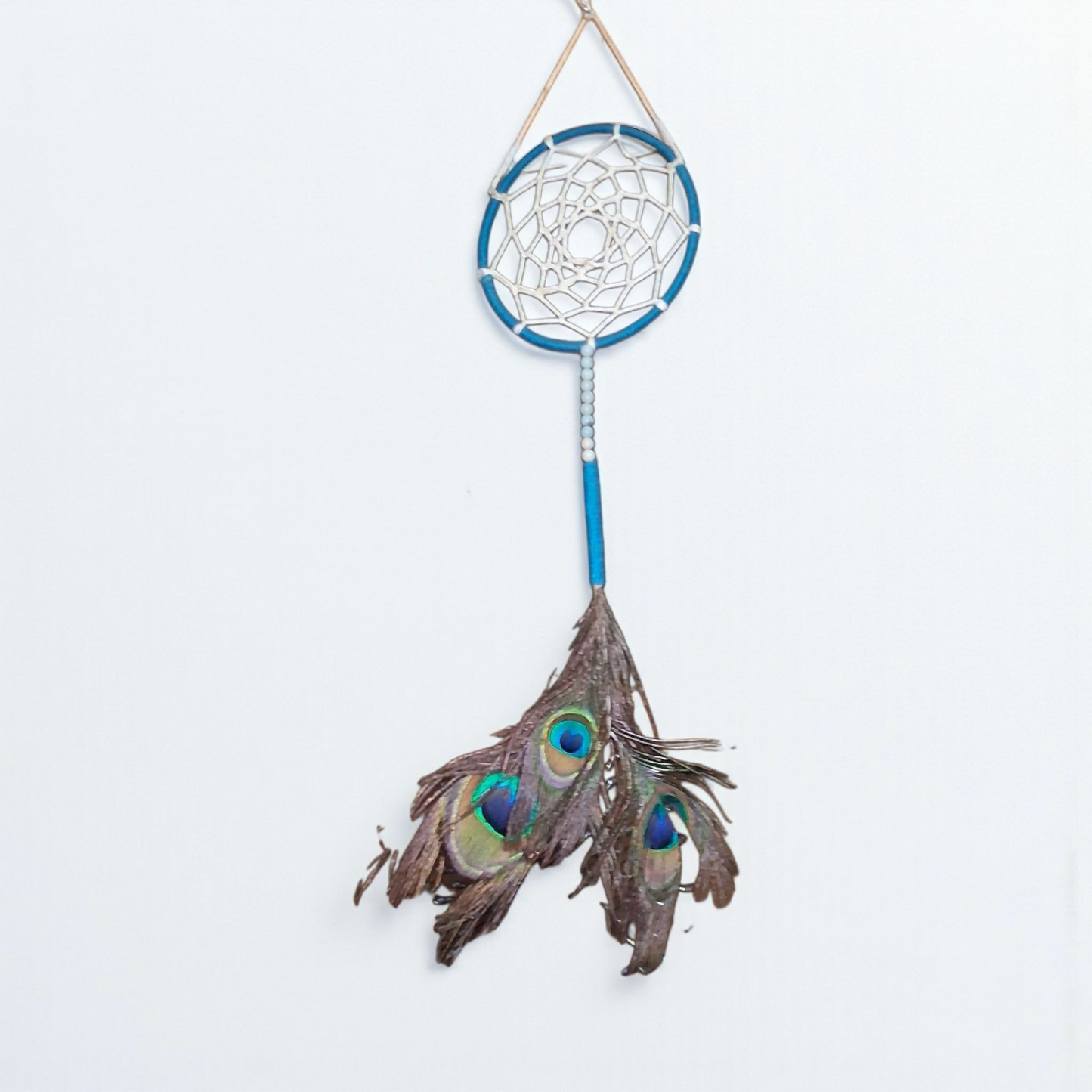 Peacock Feather Dream Catcher – 4x12 Blue and White Handmade Boho Wall Hanging for Protection & Positive Energy
