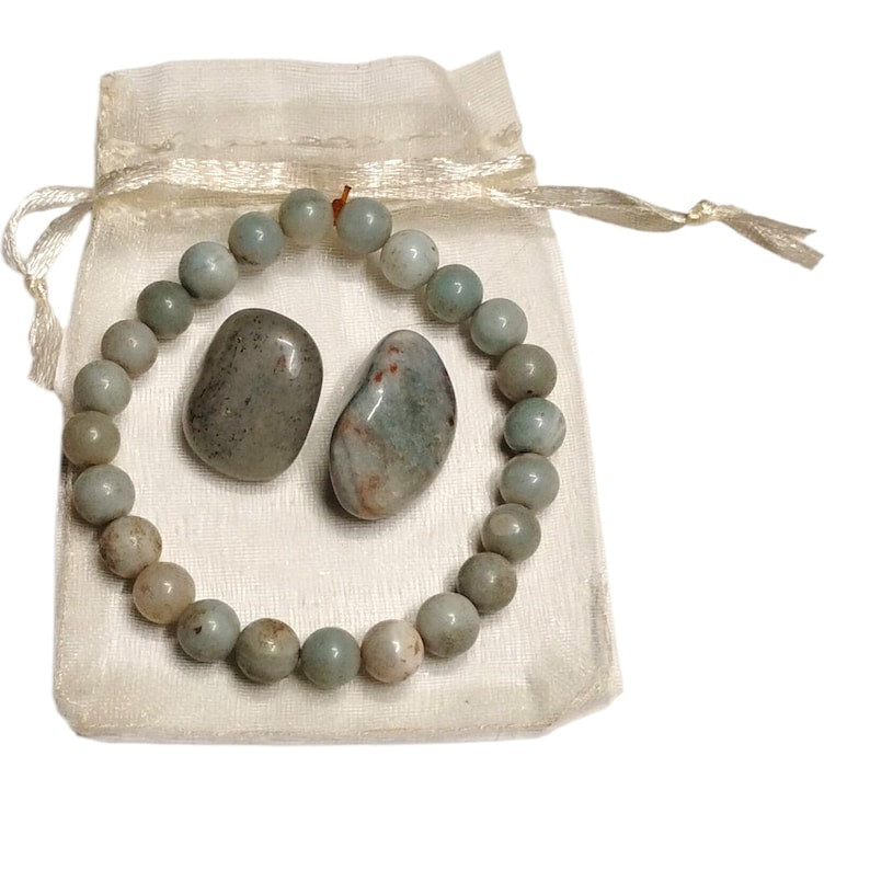 Amazonite Healing Bracelet with 2 Green Aventurine Tumbled Stones – Calming Energy, Luck & Heart Chakra Balance