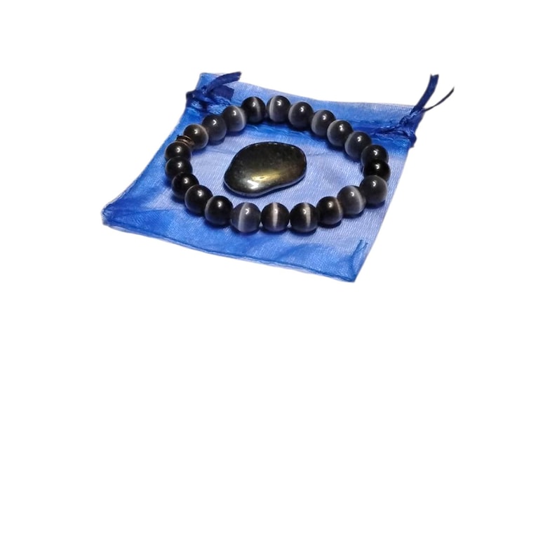 Cat’s Eye Black Glass Bracelet with Hematite Tumbled Stone – Protection, Focus & Grounding Set