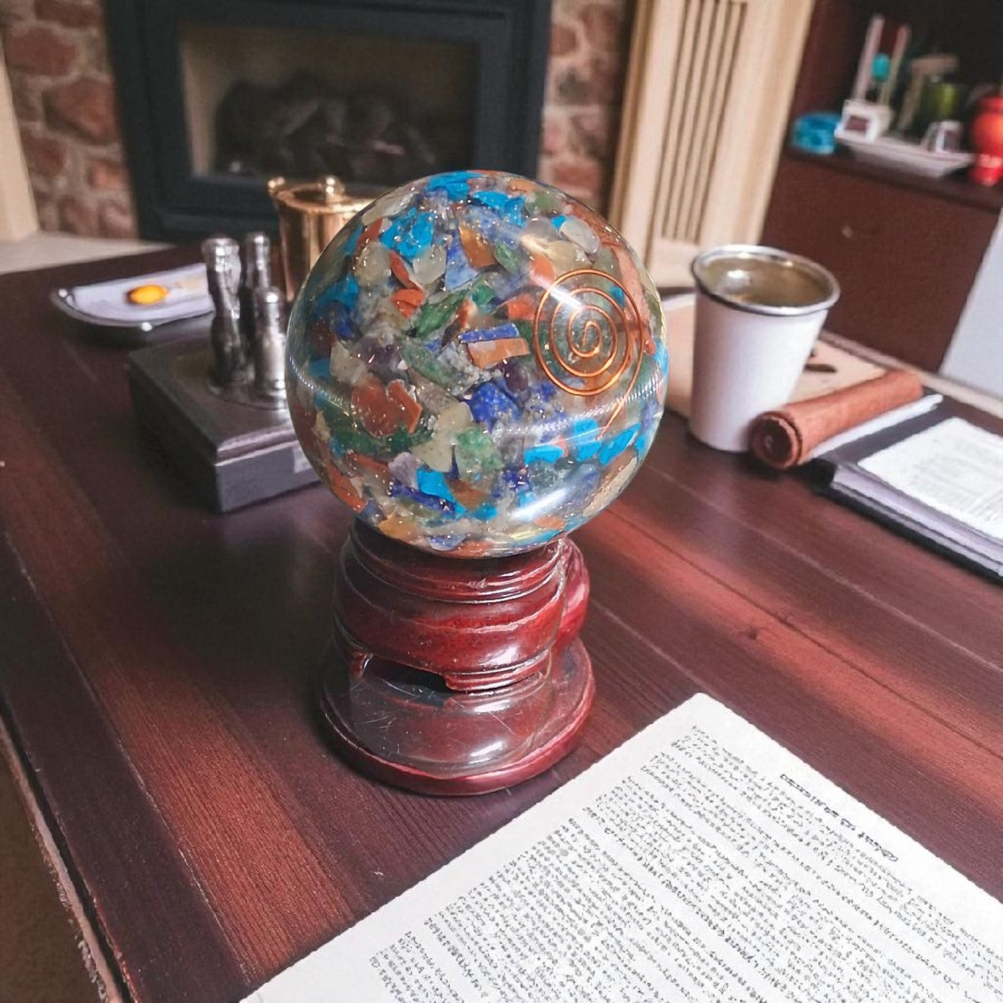 Orgone Multi-Chakra Healing Sphere – 70mm Crystal Ball with Copper Coil & Wooden Stand