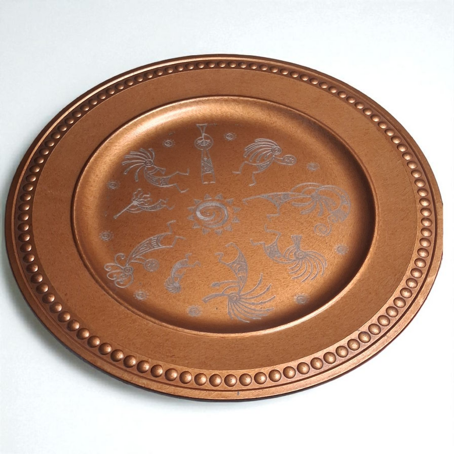 Engraved Copper-Tone Plate – 12" Round Decorative Tray with Tribal Sun & Dancer Design