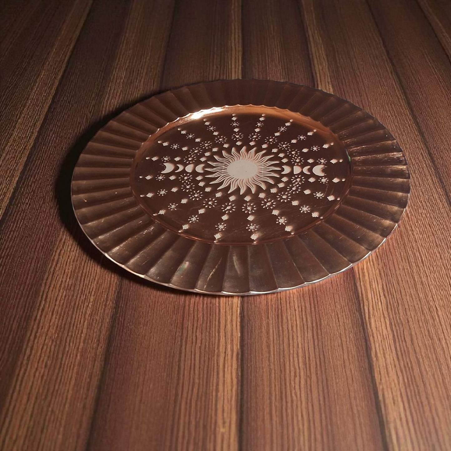 Engraved Copper Plate – 12" Decorative Tray with Sun & Moon Phase Mandala Design