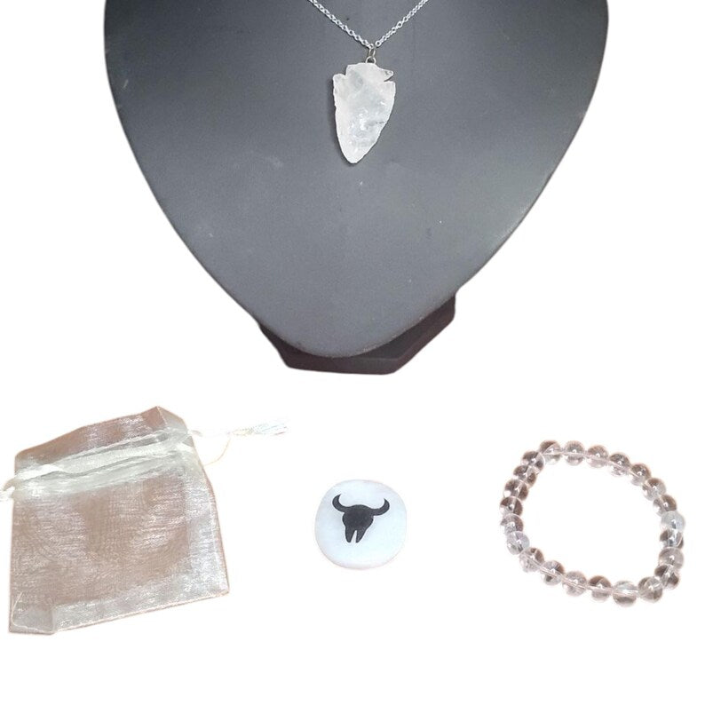 Clear Quartz Arrowhead Pendant Necklace, Bracelet & Totem Stone Set with Gift Bag