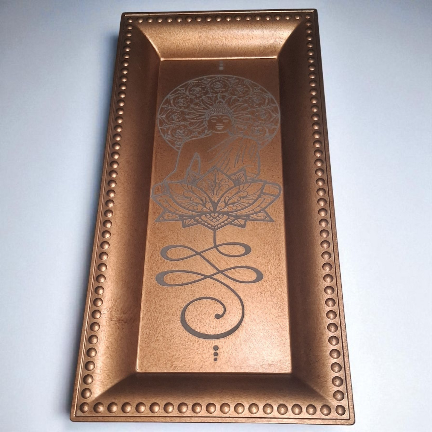 Engraved Buddha Lotus Copper-Tone Tray – 7" x 14" Decorative Spiritual Altar & Home Décor