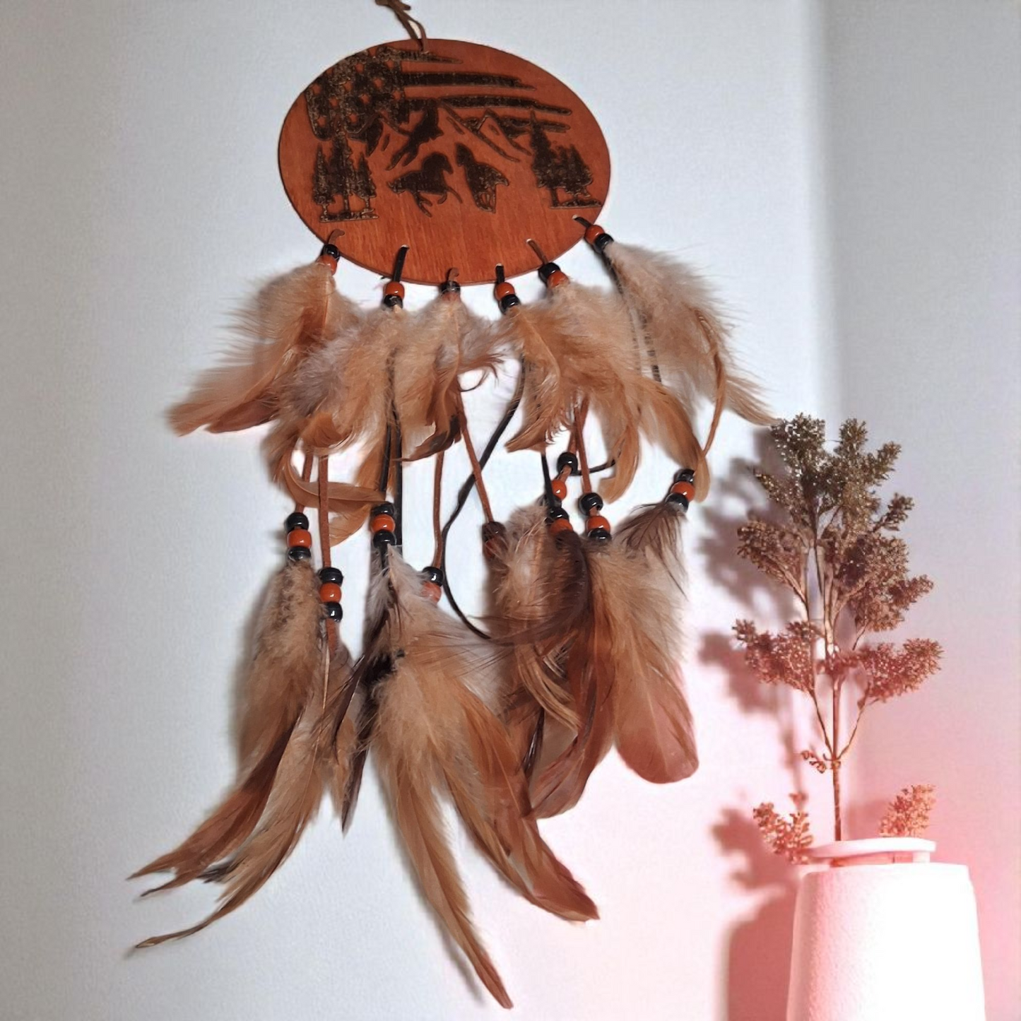 Engraved Wooden Dream Catcher Wall Hanging – 6x14 Rustic Feather Decor with Western Landscape Design