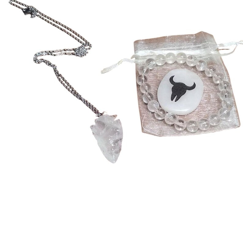 Clear Quartz Arrowhead Pendant Necklace, Bracelet & Totem Stone Set with Gift Bag