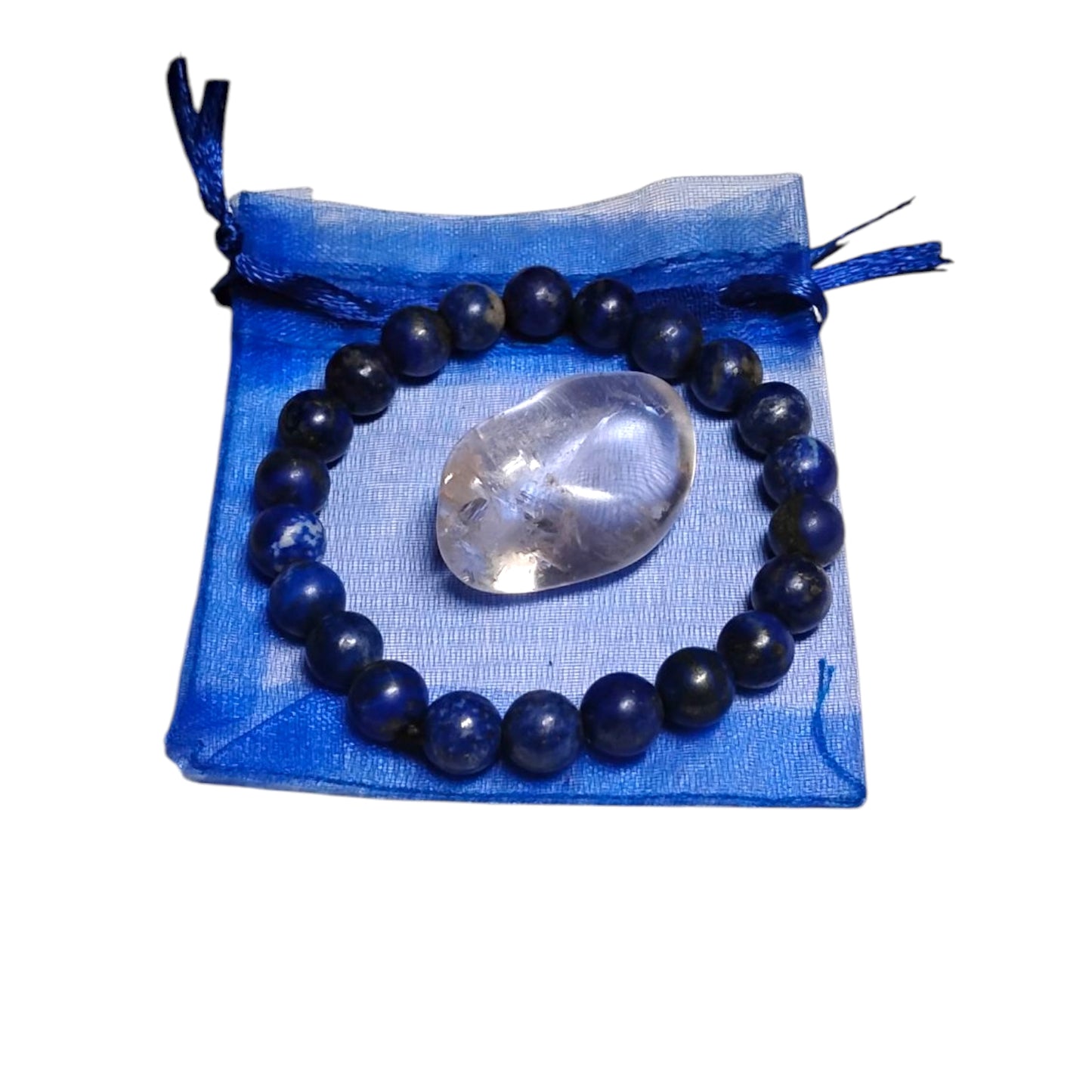 Lapis Lazuli Bead Bracelet with Clear Quartz Tumbled Stone – Healing & Clarity Crystal Set