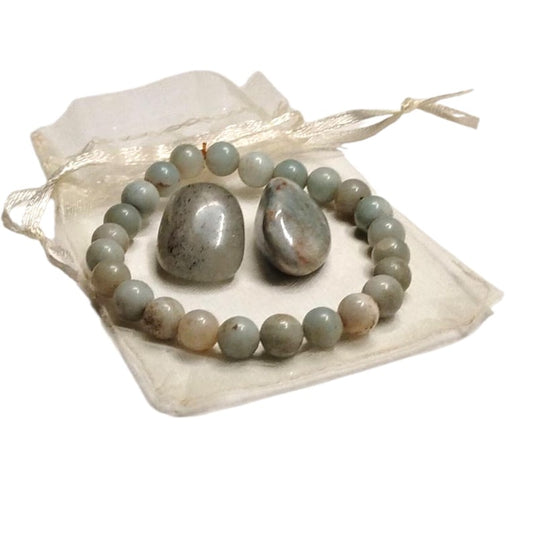 Amazonite Healing Bracelet with 2 Green Aventurine Tumbled Stones – Calming Energy, Luck & Heart Chakra Balance