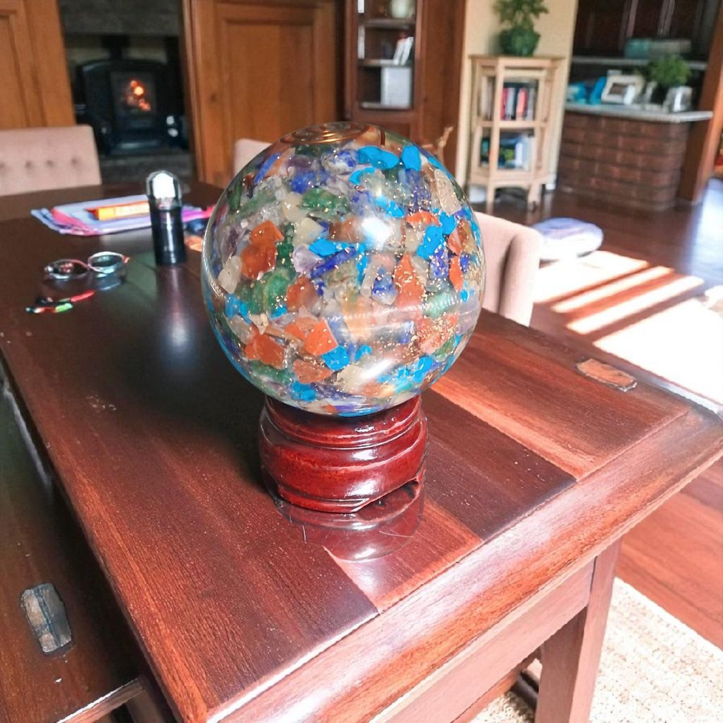 Orgone Multi-Chakra Healing Sphere – 70mm Crystal Ball with Copper Coil & Wooden Stand