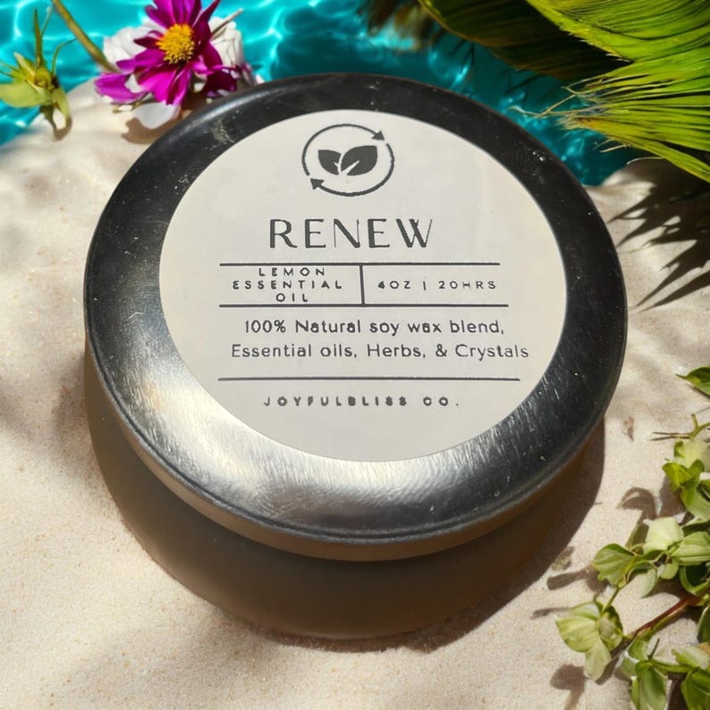 Renew Candle – Lemon Essential Oil with Herbs & Crystals | JoyfulBliss Co.