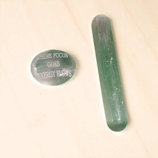 Selenite Wand & Engraved Palm Stone – Crystal Energy Cleansing & Meditation Set