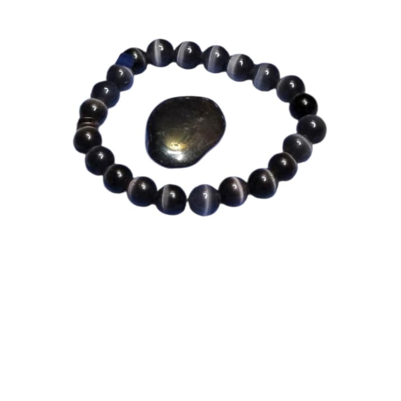Cat’s Eye Black Glass Bracelet with Hematite Tumbled Stone – Protection, Focus & Grounding Set