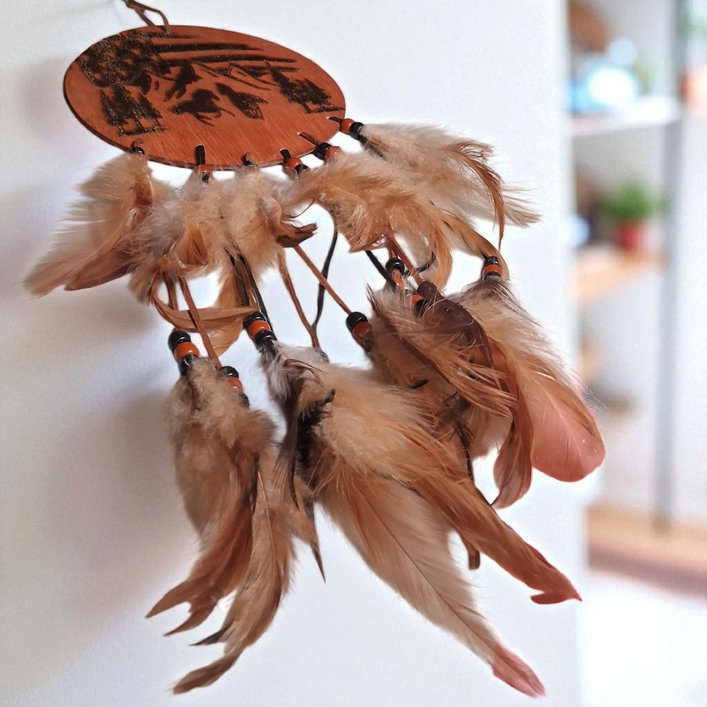 Engraved Wooden Dream Catcher Wall Hanging – 6x14 Rustic Feather Decor with Western Landscape Design