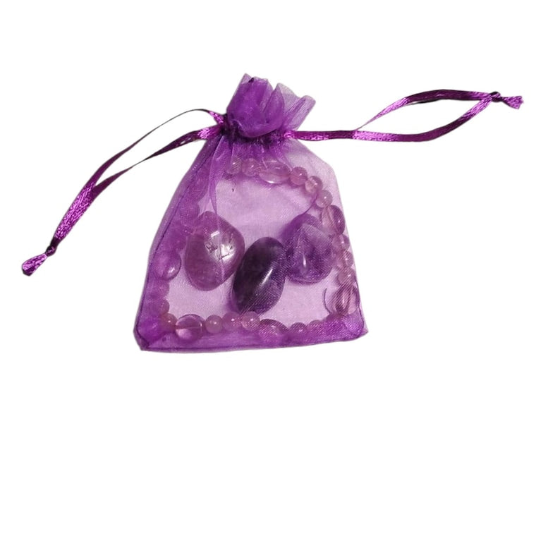 Amethyst Bracelet with 3 Amethyst Tumbled Stones – Calming & Spiritual Healing Crystal Set